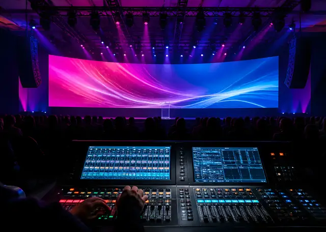 Live corporate general session with LED video wall, stage lighting and mixing console